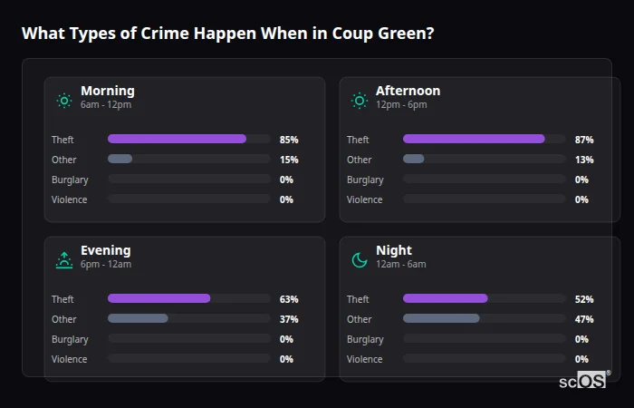 Crime types by time period for Coup Green - showing breakdown of burglary, violence, theft, and vehicle crime by morning, afternoon, evening, and night