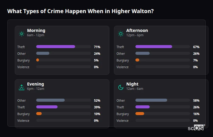 What Types of Crime Happen When in Higher Walton? Crime types by time period for Higher Walton - showing breakdown of burglary, violence, theft, and vehicle crime by morning, afternoon, evening, and night