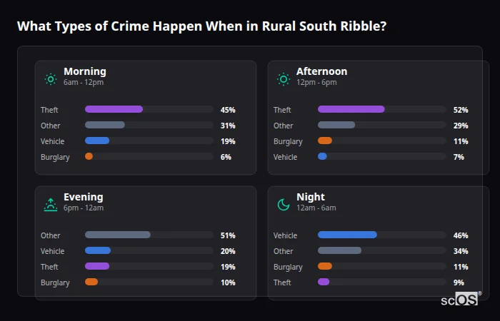 What Types of Crime Happen When in Rural South Ribble? Crime types by time period for Rural South Ribble - showing breakdown of burglary, violence, theft, and vehicle crime by morning, afternoon, evening, and night