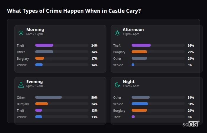 Crime types by time period for Castle Cary - showing breakdown of burglary, violence, theft, and vehicle crime by morning, afternoon, evening, and night