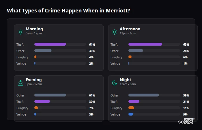 What Types of Crime Happen When in Merriott? Crime types by time period for Merriott - showing breakdown of burglary, violence, theft, and vehicle crime by morning, afternoon, evening, and night