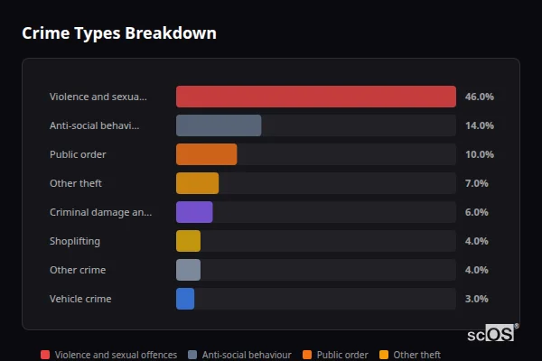 Crime Types Breakdown - Milborne Port Crime Types Breakdown for Milborne Port - showing Violence and sexual offences (46%), Anti-social behaviour (14%), Public order (10%)