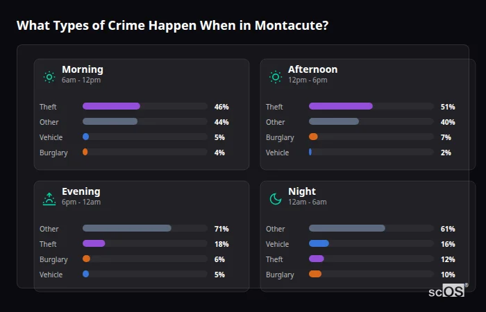 Crime types by time period for Montacute - showing breakdown of burglary, violence, theft, and vehicle crime by morning, afternoon, evening, and night