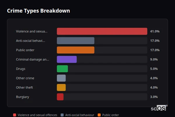 Crime Types Breakdown for Norton sub Hamdon - showing Violence and sexual offences (41%), Anti-social behaviour (17%), Public order (17%)