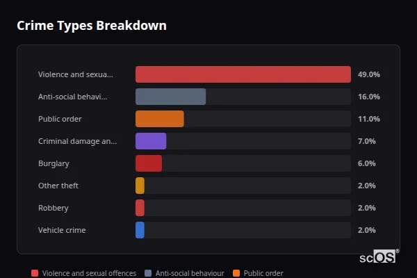 Crime Types Breakdown for South Petherton - showing Violence and sexual offences (49%), Anti-social behaviour (16%), Public order (11%)