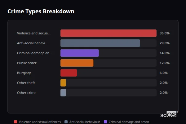 Crime Types Breakdown for Stoke sub Hamdon - showing Violence and sexual offences (35%), Anti-social behaviour (29%), Criminal damage and arson (14%)