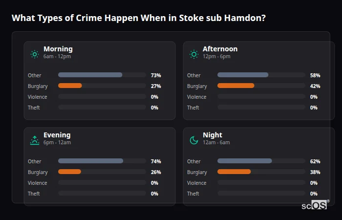 Crime types by time period for Stoke sub Hamdon - showing breakdown of burglary, violence, theft, and vehicle crime by morning, afternoon, evening, and night