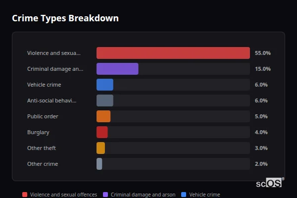 Crime Types Breakdown - Tatworth Crime Types Breakdown for Tatworth - showing Violence and sexual offences (55%), Criminal damage and arson (15%), Vehicle crime (6%)