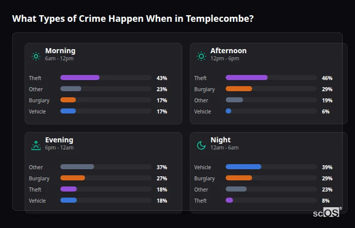 What Types of Crime Happen When in Templecombe? Crime types by time period for Templecombe - showing breakdown of burglary, violence, theft, and vehicle crime by morning, afternoon, evening, and night