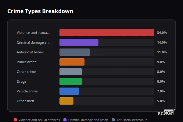 Crime Types Breakdown - Springhill Crime Types Breakdown for Springhill - showing Violence and sexual offences (34%), Criminal damage and arson (14%), Anti-social behaviour (11%)