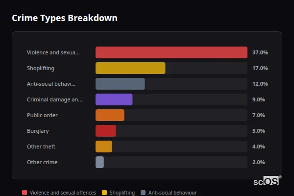 Crime Types Breakdown for Boldon Colliery - showing Violence and sexual offences (37%), Shoplifting (17%), Anti-social behaviour (12%)