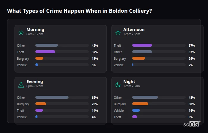 Crime types by time period for Boldon Colliery - showing breakdown of burglary, violence, theft, and vehicle crime by morning, afternoon, evening, and night