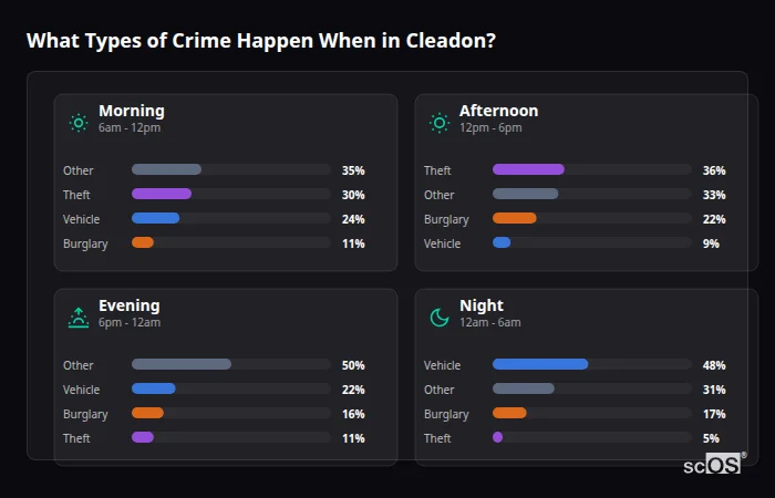 Crime types by time period for Cleadon - showing breakdown of burglary, violence, theft, and vehicle crime by morning, afternoon, evening, and night