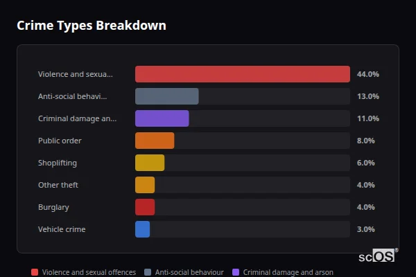 Crime Types Breakdown for Hebburn - showing Violence and sexual offences (44%), Anti-social behaviour (13%), Criminal damage and arson (11%)