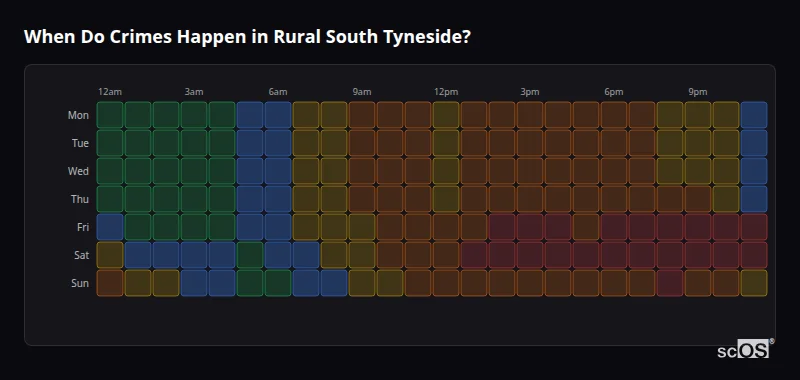 Crime time heatmap for Rural South Tyneside - showing when crimes are most likely to occur by day and hour