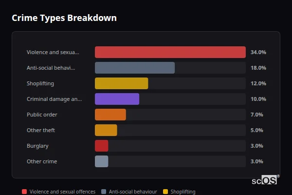 Crime Types Breakdown for South Shields - showing Violence and sexual offences (34%), Anti-social behaviour (18%), Shoplifting (12%)