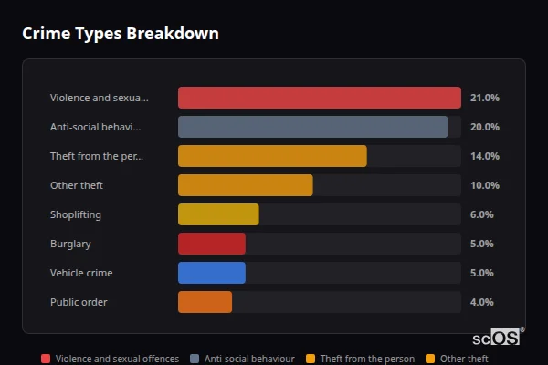 Crime Types Breakdown for Southwark - showing Violence and sexual offences (21%), Anti-social behaviour (20%), Theft from the person (14%)