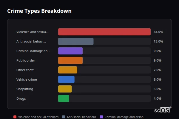 Crime Types Breakdown - Stanwell Crime Types Breakdown for Stanwell - showing Violence and sexual offences (34%), Anti-social behaviour (13%), Criminal damage and arson (9%)