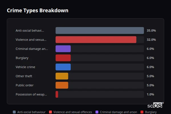 Crime Types Breakdown for Bricket Wood - showing Anti-social behaviour (35%), Violence and sexual offences (32%), Criminal damage and arson (6%)