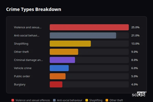 Crime Types Breakdown for Rural St Albans - showing Violence and sexual offences (25%), Anti-social behaviour (21%), Shoplifting (13%)