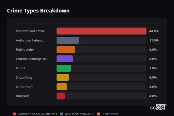 Crime Types Breakdown for Newton-le-Willows - showing Violence and sexual offences (44%), Anti-social behaviour (11%), Public order (9%)
