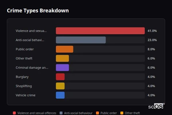 Crime Types Breakdown - Hixon Crime Types Breakdown for Hixon - showing Violence and sexual offences (41%), Anti-social behaviour (23%), Public order (8%)