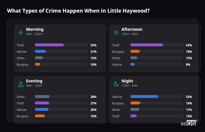 Crime types by time period for Little Haywood - showing breakdown of burglary, violence, theft, and vehicle crime by morning, afternoon, evening, and night