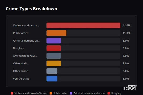 Crime Types Breakdown - Oulton Crime Types Breakdown for Oulton - showing Violence and sexual offences (41%), Public order (11%), Criminal damage and arson (8%)
