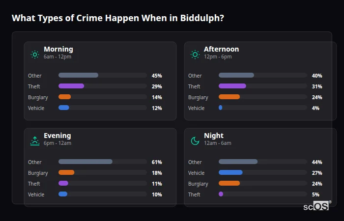 What Types of Crime Happen When in Biddulph? Crime types by time period for Biddulph - showing breakdown of burglary, violence, theft, and vehicle crime by morning, afternoon, evening, and night