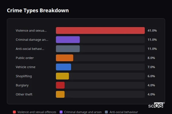 Crime Types Breakdown for Brown Edge - showing Violence and sexual offences (41%), Criminal damage and arson (11%), Anti-social behaviour (11%)