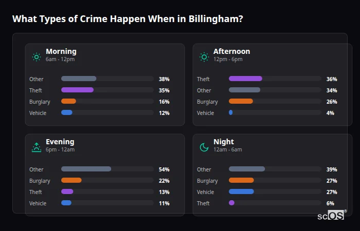 Crime types by time period for Billingham - showing breakdown of burglary, violence, theft, and vehicle crime by morning, afternoon, evening, and night