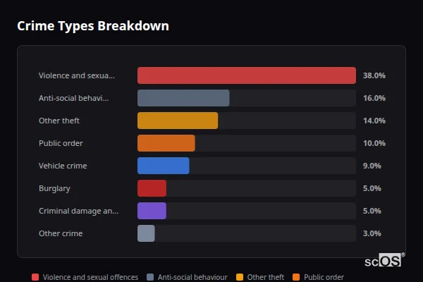 Crime Types Breakdown - Longnewton Crime Types Breakdown for Longnewton - showing Violence and sexual offences (38%), Anti-social behaviour (16%), Other theft (14%)