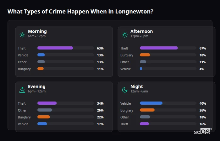 What Types of Crime Happen When in Longnewton? Crime types by time period for Longnewton - showing breakdown of burglary, violence, theft, and vehicle crime by morning, afternoon, evening, and night