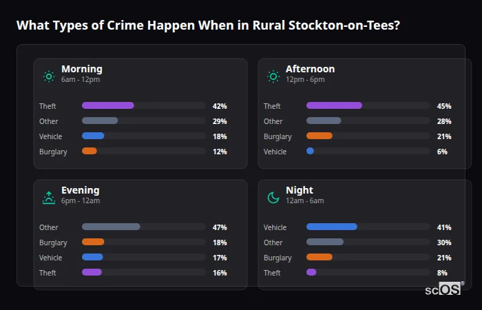 Crime types by time period for Rural Stockton-on-Tees - showing breakdown of burglary, violence, theft, and vehicle crime by morning, afternoon, evening, and night