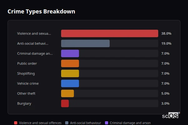 Crime Types Breakdown for Alcester - showing Violence and sexual offences (38%), Anti-social behaviour (19%), Criminal damage and arson (7%)