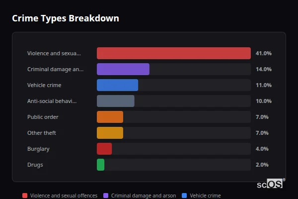 Crime Types Breakdown for Henley-in-Arden - showing Violence and sexual offences (41%), Criminal damage and arson (14%), Vehicle crime (11%)