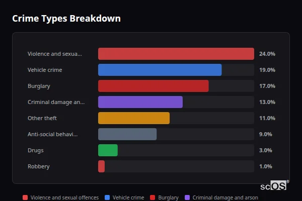 Crime Types Breakdown for Long Compton - showing Violence and sexual offences (24%), Vehicle crime (19%), Burglary (17%)