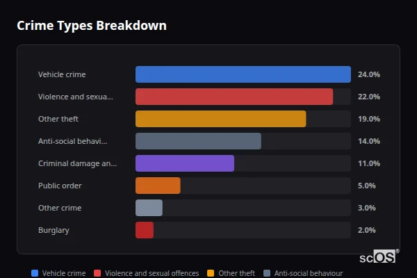 Crime Types Breakdown - Napton on the Hill Crime Types Breakdown for Napton on the Hill - showing Vehicle crime (24%), Violence and sexual offences (22%), Other theft (19%)