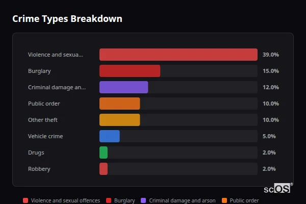 Crime Types Breakdown - Newbold-on-Stour Crime Types Breakdown for Newbold-on-Stour - showing Violence and sexual offences (39%), Burglary (15%), Criminal damage and arson (12%)