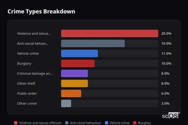 Crime Types Breakdown for Rural Stratford-on-Avon - showing Violence and sexual offences (29%), Anti-social behaviour (19%), Vehicle crime (11%)