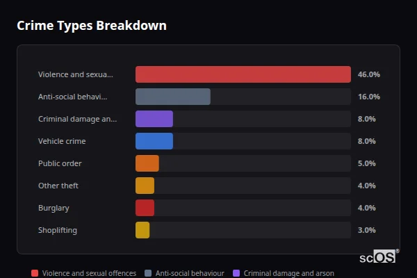 Crime Types Breakdown - Shipston-on-Stour Crime Types Breakdown for Shipston-on-Stour - showing Violence and sexual offences (46%), Anti-social behaviour (16%), Criminal damage and arson (8%)