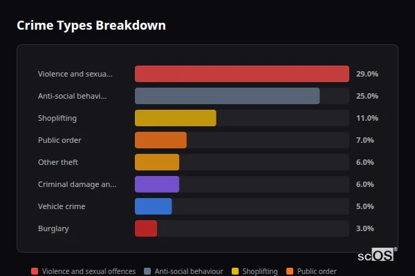 Crime Types Breakdown for Stratford-upon-Avon - showing Violence and sexual offences (29%), Anti-social behaviour (25%), Shoplifting (11%)