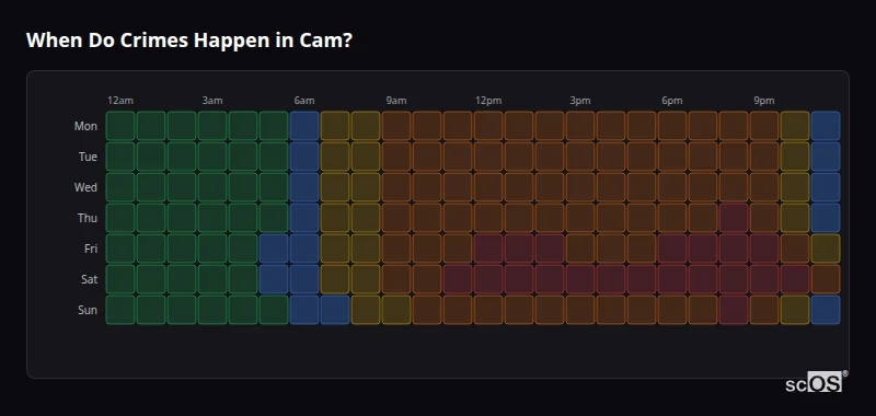 When Do Crimes Happen in Cam? Crime time heatmap for Cam - showing when crimes are most likely to occur by day and hour