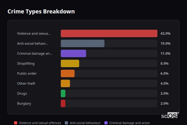Crime Types Breakdown for Nailsworth - showing Violence and sexual offences (42%), Anti-social behaviour (19%), Criminal damage and arson (11%)