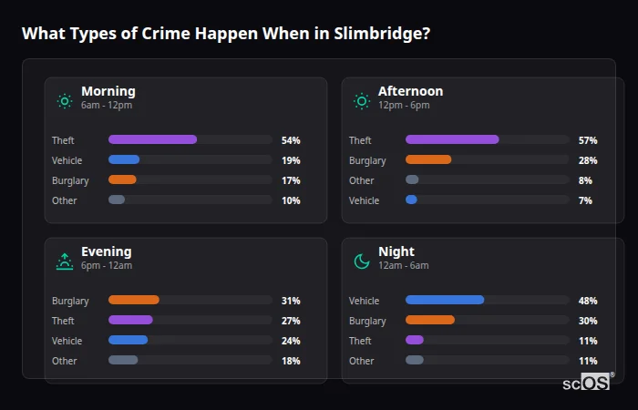 Crime types by time period for Slimbridge - showing breakdown of burglary, violence, theft, and vehicle crime by morning, afternoon, evening, and night