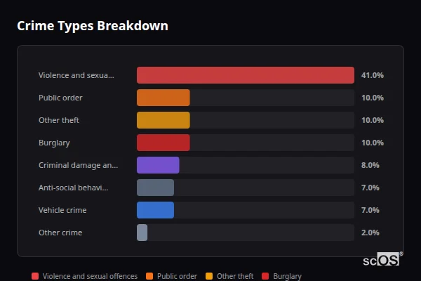 Crime Types Breakdown - East Rainton Crime Types Breakdown for East Rainton - showing Violence and sexual offences (41%), Public order (10%), Other theft (10%)