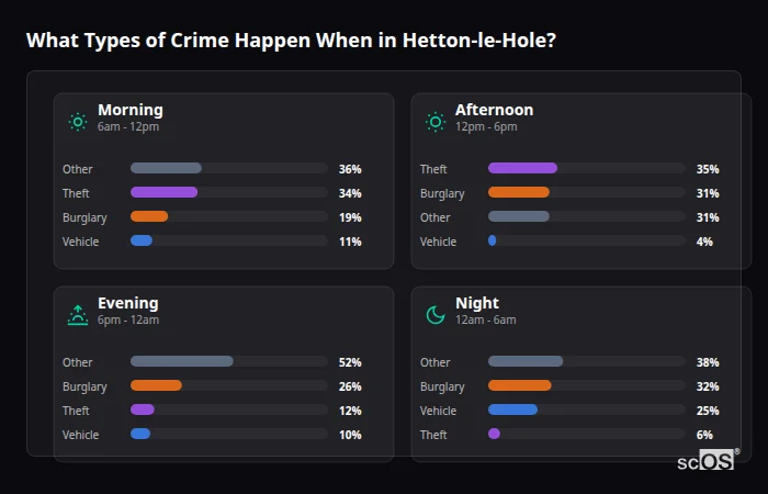 What Types of Crime Happen When in Hetton-le-Hole? Crime types by time period for Hetton-le-Hole - showing breakdown of burglary, violence, theft, and vehicle crime by morning, afternoon, evening, and night