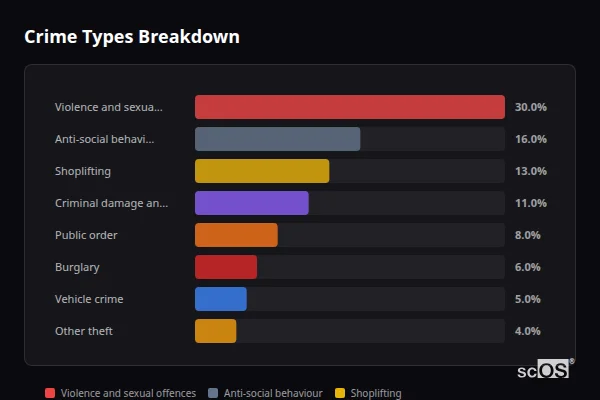Crime Types Breakdown for Houghton-le-Spring - showing Violence and sexual offences (30%), Anti-social behaviour (16%), Shoplifting (13%)