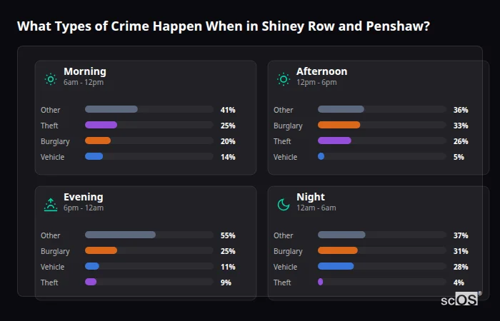Crime types by time period for Shiney Row and Penshaw - showing breakdown of burglary, violence, theft, and vehicle crime by morning, afternoon, evening, and night