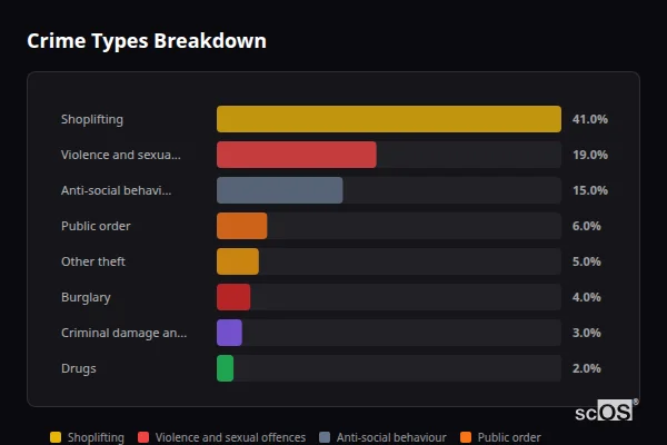 Crime Types Breakdown - South Bents Crime Types Breakdown for South Bents - showing Shoplifting (41%), Violence and sexual offences (19%), Anti-social behaviour (15%)